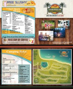 A vibrant campground flyer, expertly designed, showcases happy campers and highlights sandwiches, snacks, camping rates, swimming, fishing, and group packages. Special promotional offers include a free slushy or coffee. Perfect for digital marketing campaigns!.