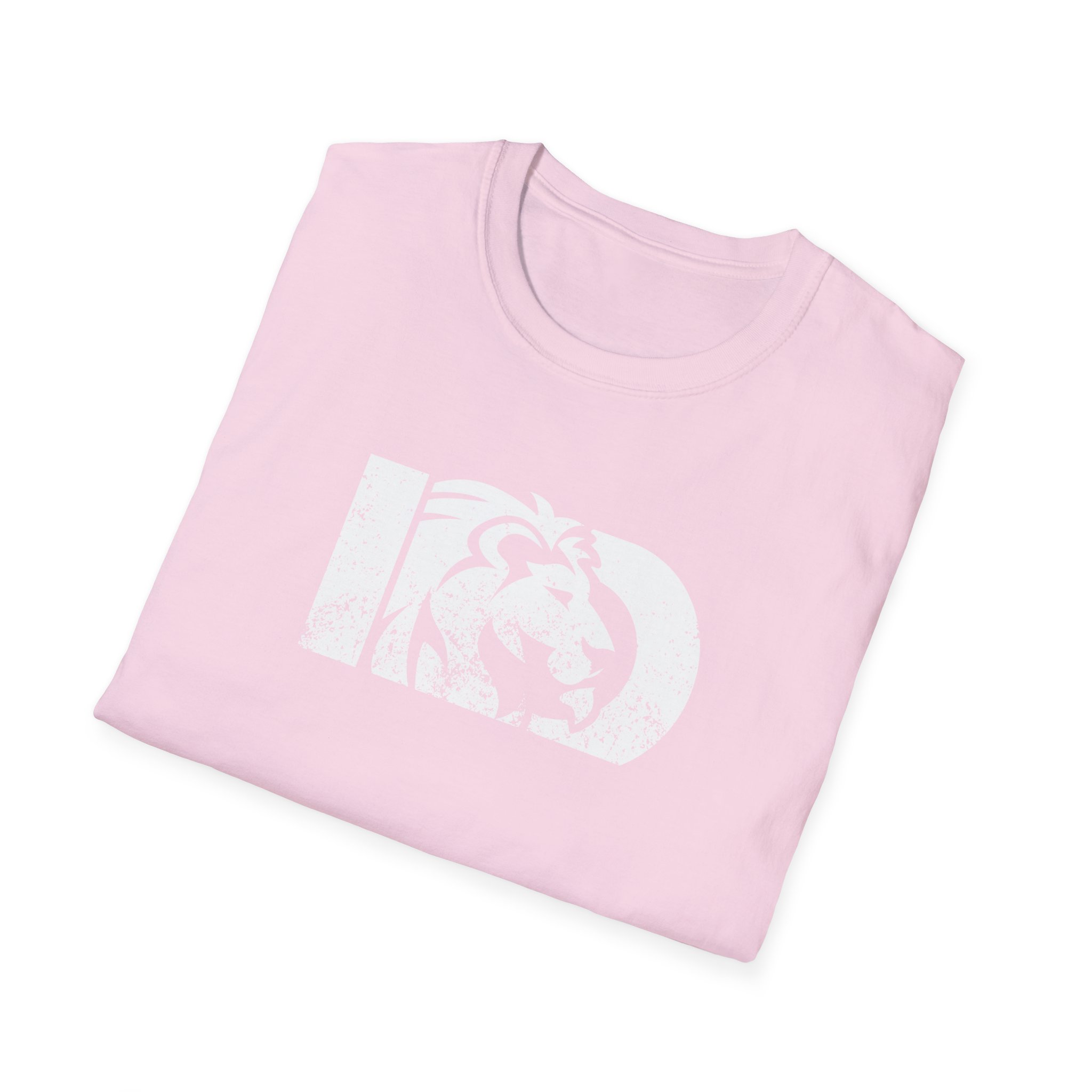 A folded light pink Casual Graphic Tee with a large, faded white stylized lion’s head and “LD” on the front—perfect for summer days, everyday wear, gifts for friends, birthdays, or as an inspirational quote shirt.