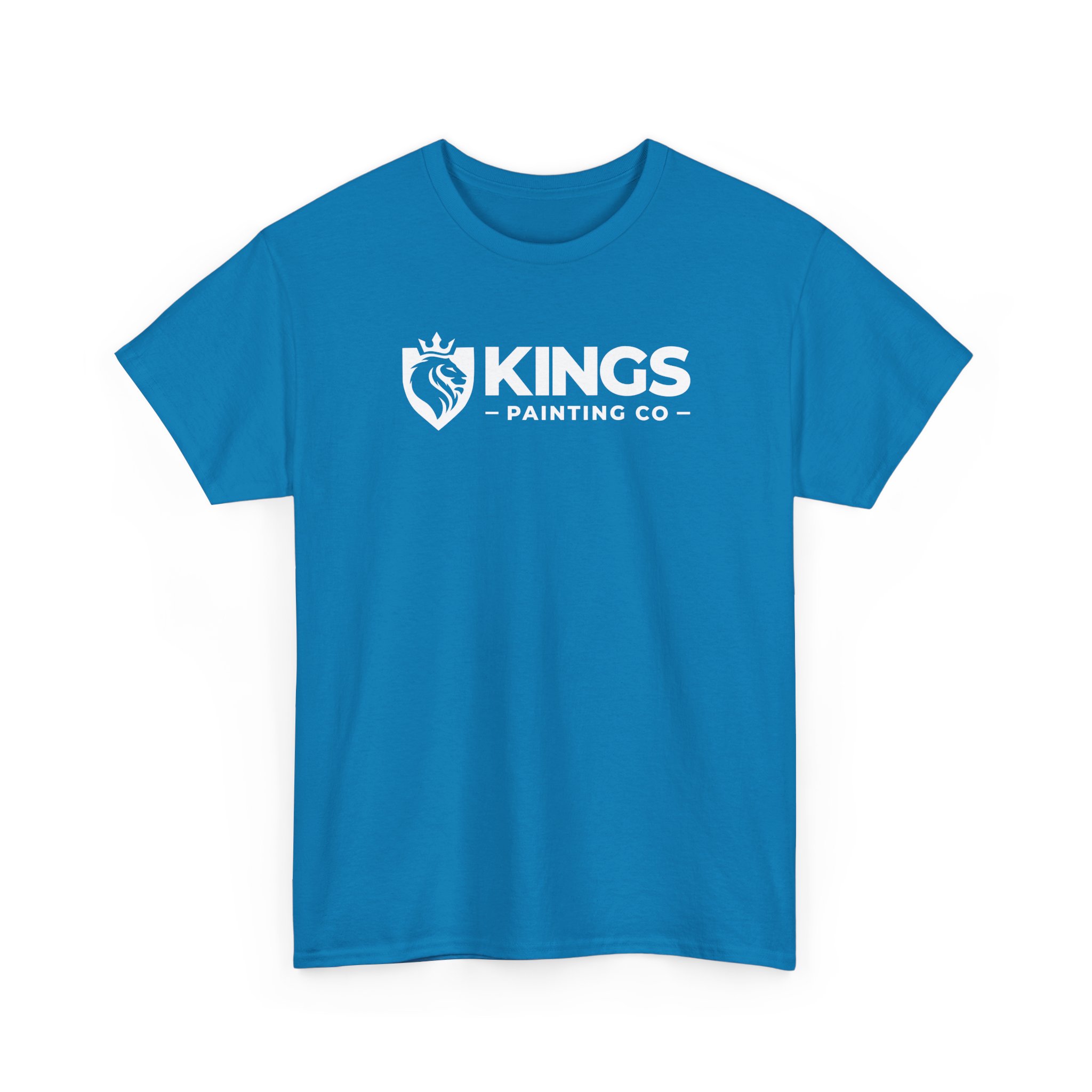 Kings Painting Co. Logo T-Shirt (Classic) | Gildan Ultra Cotton (G5000): Blue t-shirt featuring a white Kings Painting Co. logo with a crowned lion inside a shield, printed across the chest.