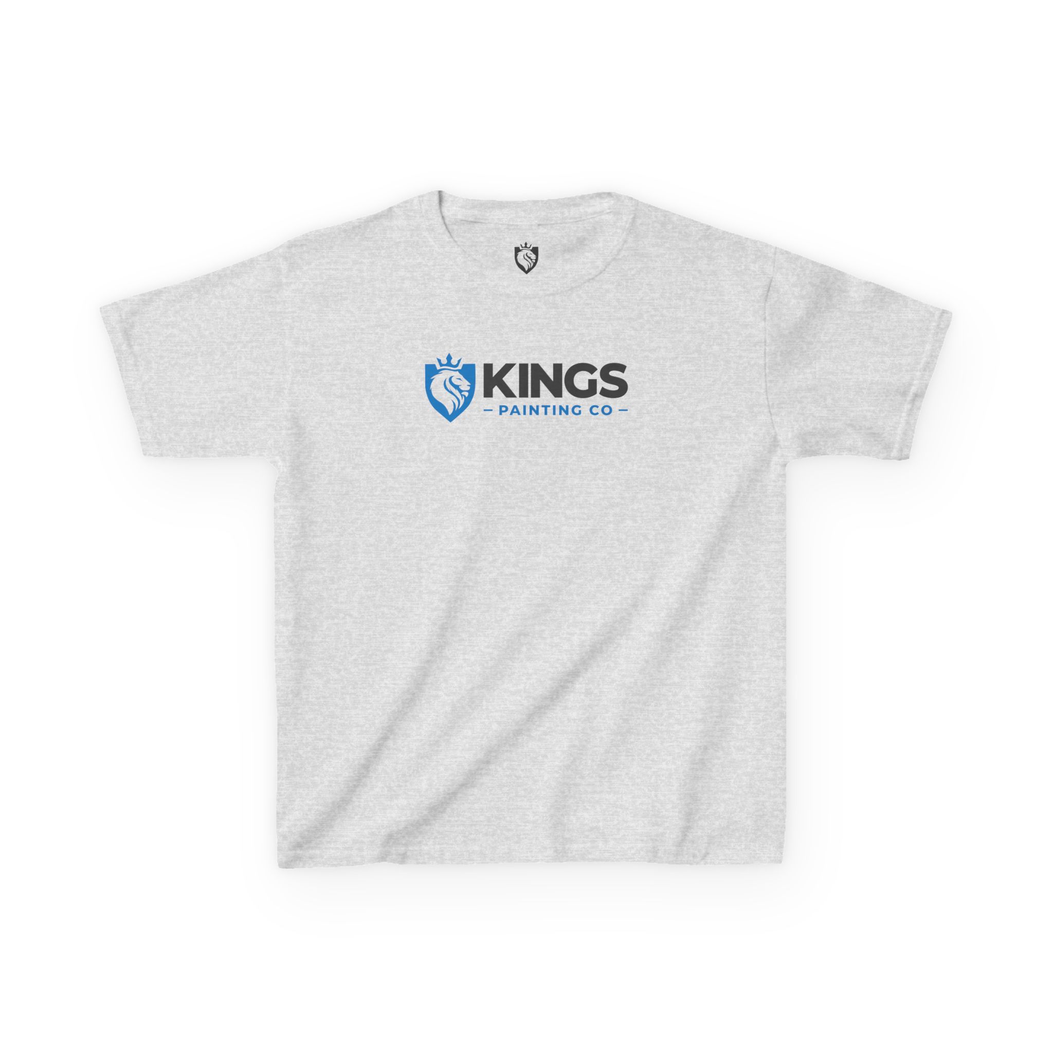 The Kings Painting Co. Kids T-Shirt (Ultra Cotton Gildan) features a light gray design with a blue and black KINGS PAINTING CO logo on the chest, displaying a hand holding a paintbrush inside a shield emblem above the company name.