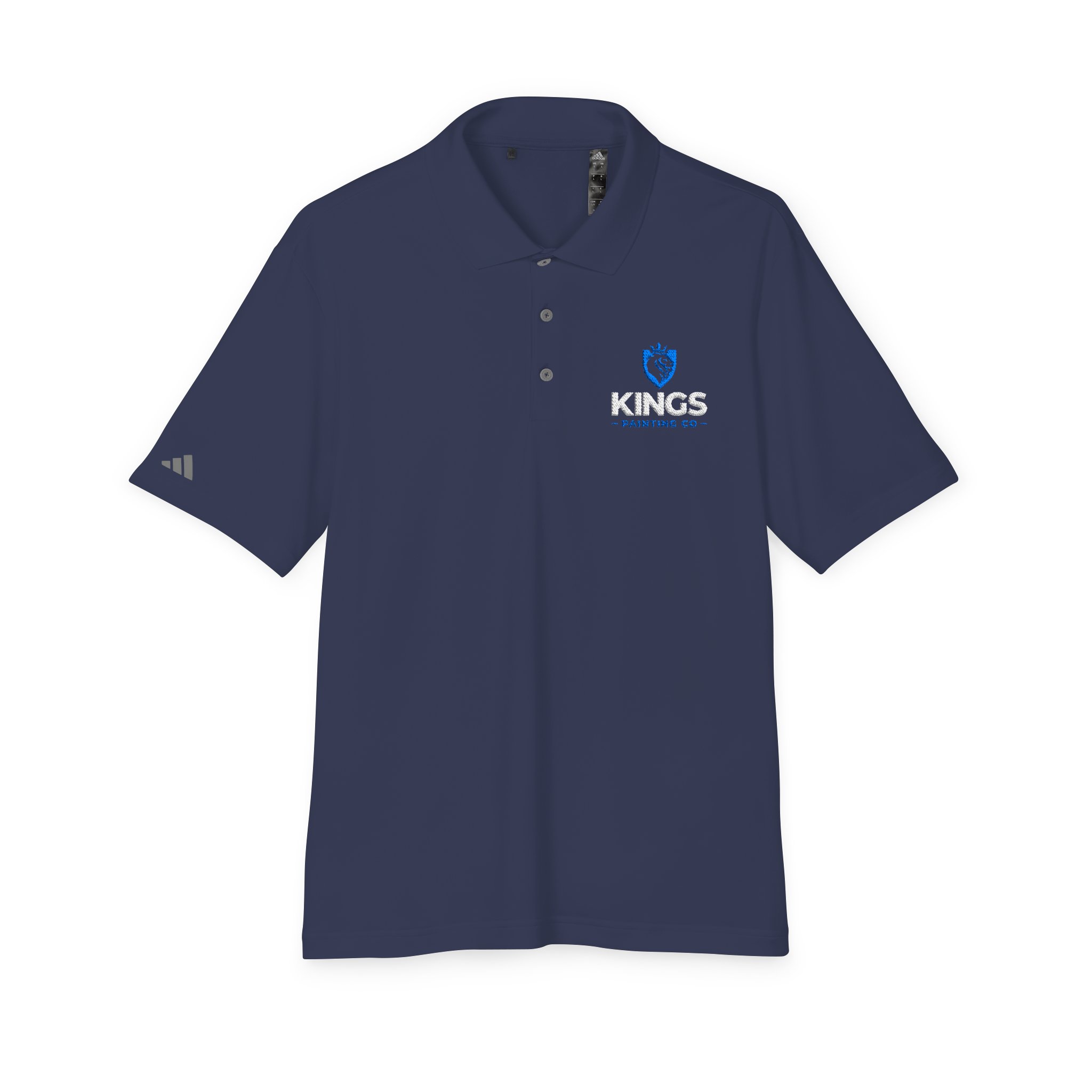 Here’s a rewrite using your provided product data: Navy blue Under Armour® performance polo featuring three buttons, with "KINGS" and "Charter High School" embroidered on the left chest and a small graphic on the left sleeve. Or, if you want to include the full product name: The Kings Painting Co. Performance Polo by Under Armour® is a navy blue shirt with three buttons, featuring "KINGS" and "Charter High School" on the left chest and a small graphic on the left sleeve.