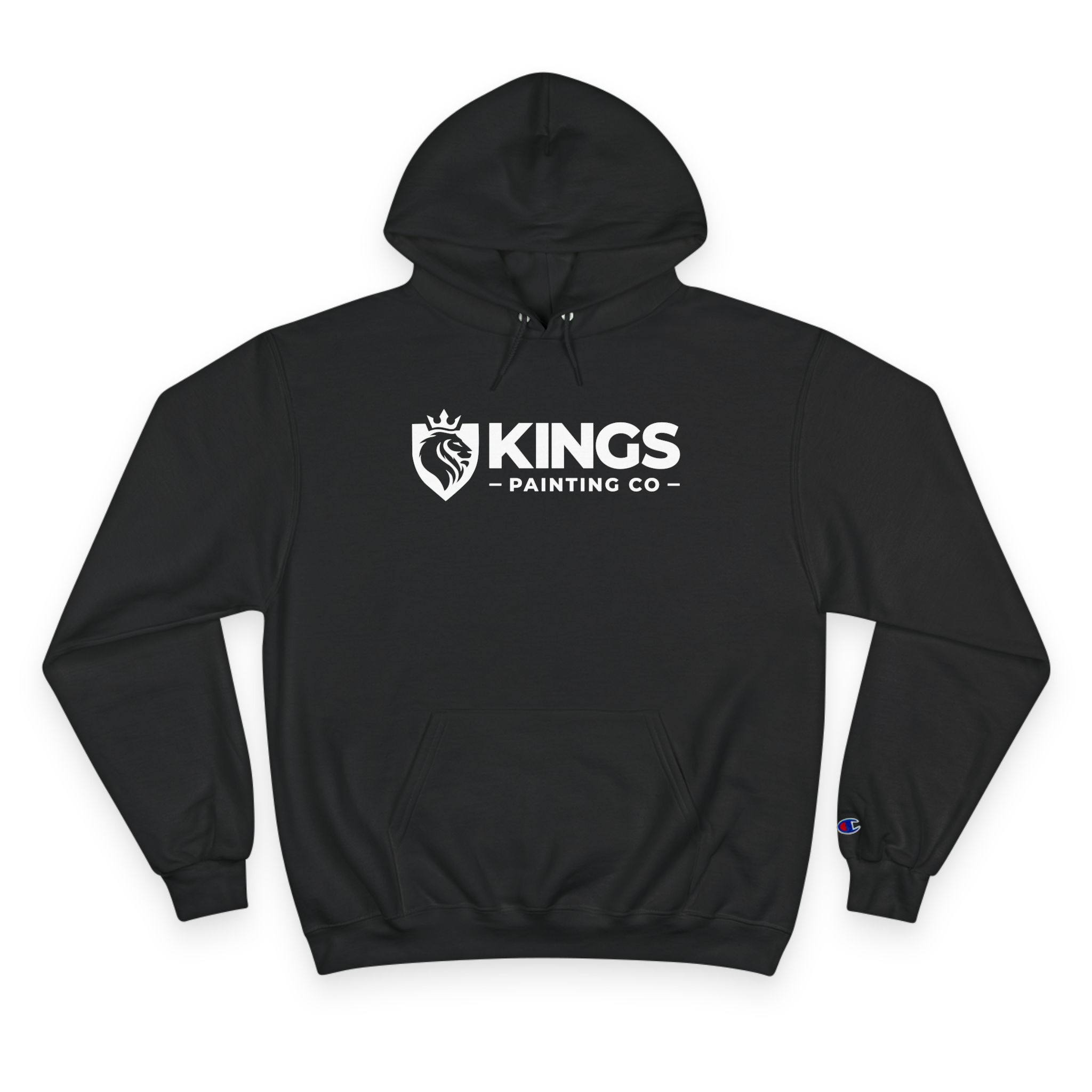 Kings Painting Co. Logo Hoodie | Champion®—a black hoodie featuring a crowned lion shield logo and "KINGS PAINTING CO." printed in white on the chest, with a front pocket and adjustable drawstrings.