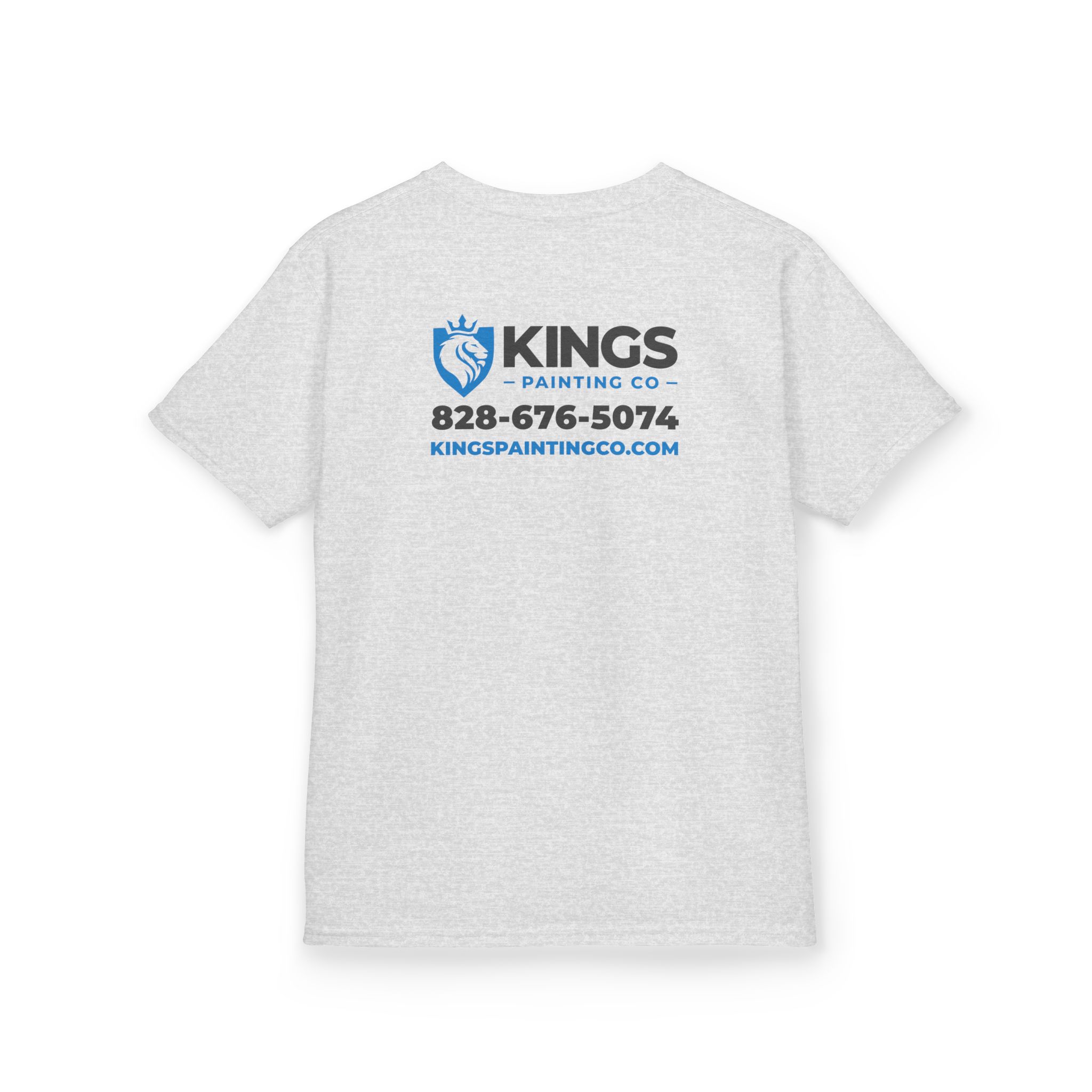 Kings Painting Co. Kids T-Shirt (Ultra Cotton Gildan) features a gray color with the KINGS PAINTING CO. name, a blue lion logo, phone number 828-676-5074, and website KINGS PAINTINGCO.COM printed on the back in blue and black text.