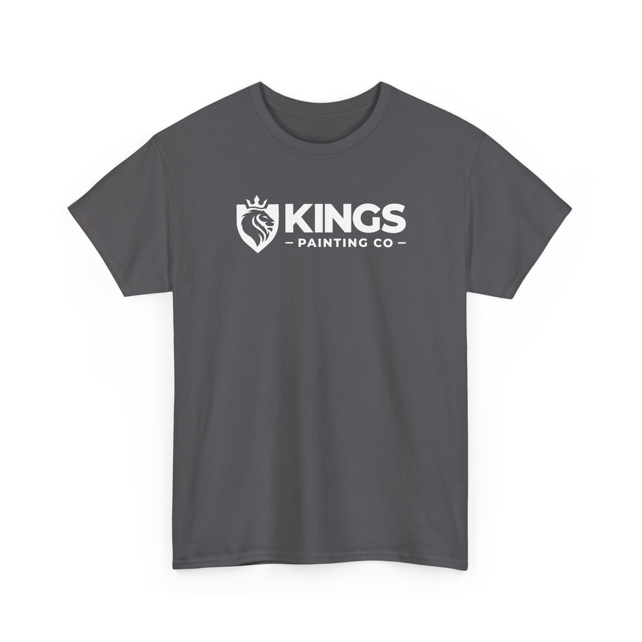 Kings Painting Co. Logo T‑Shirt (Classic) by Gildan Ultra Cotton (G5000) in dark gray, featuring a white crowned lion shield logo with "KINGS PAINTING CO" text beneath.