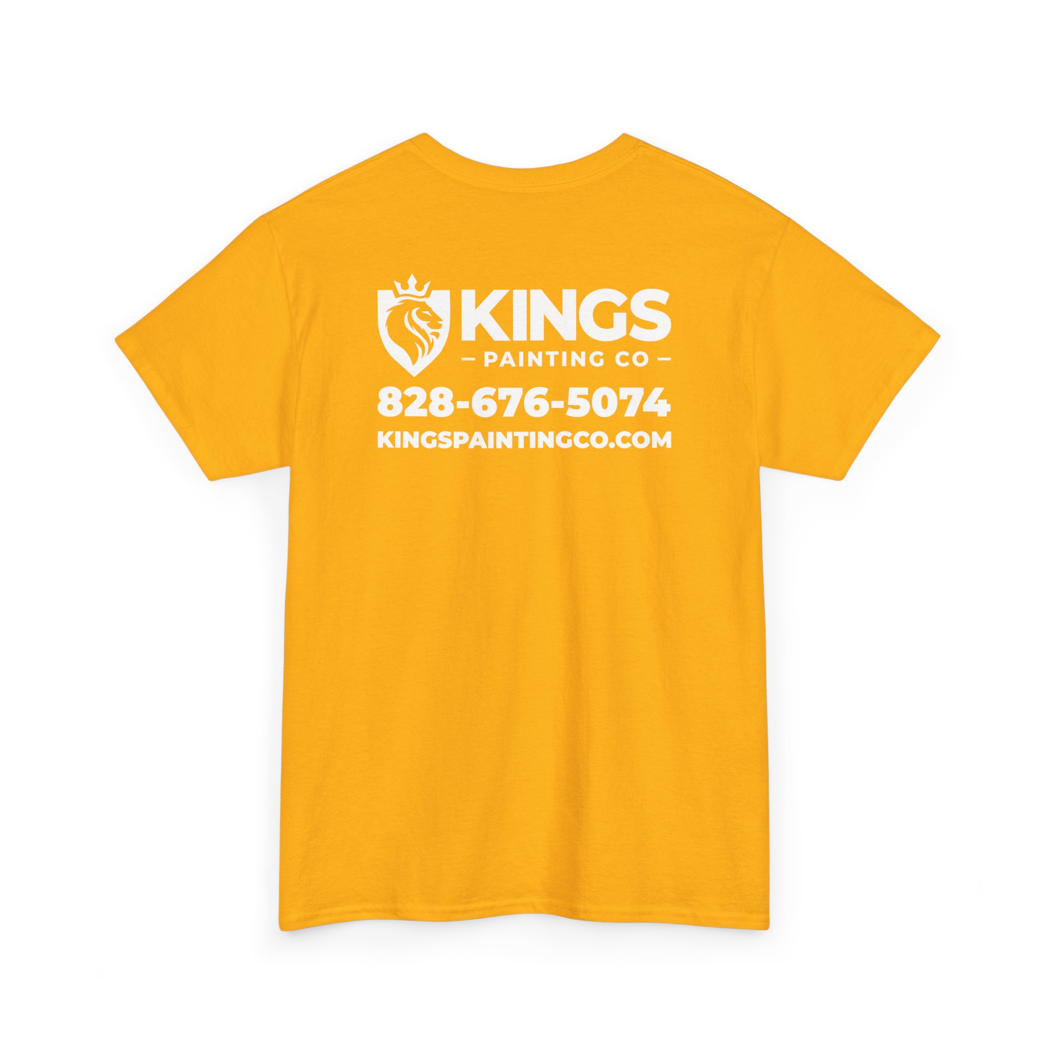 Sure! Here’s a rewritten version of the sentence using your product data: A yellow Kings Painting Co. Logo T‑Shirt (Classic) | Gildan Ultra Cotton (G5000) featuring a lion graphic, phone number 828-676-5074, and website kingspaintingco.com printed in white on the back.