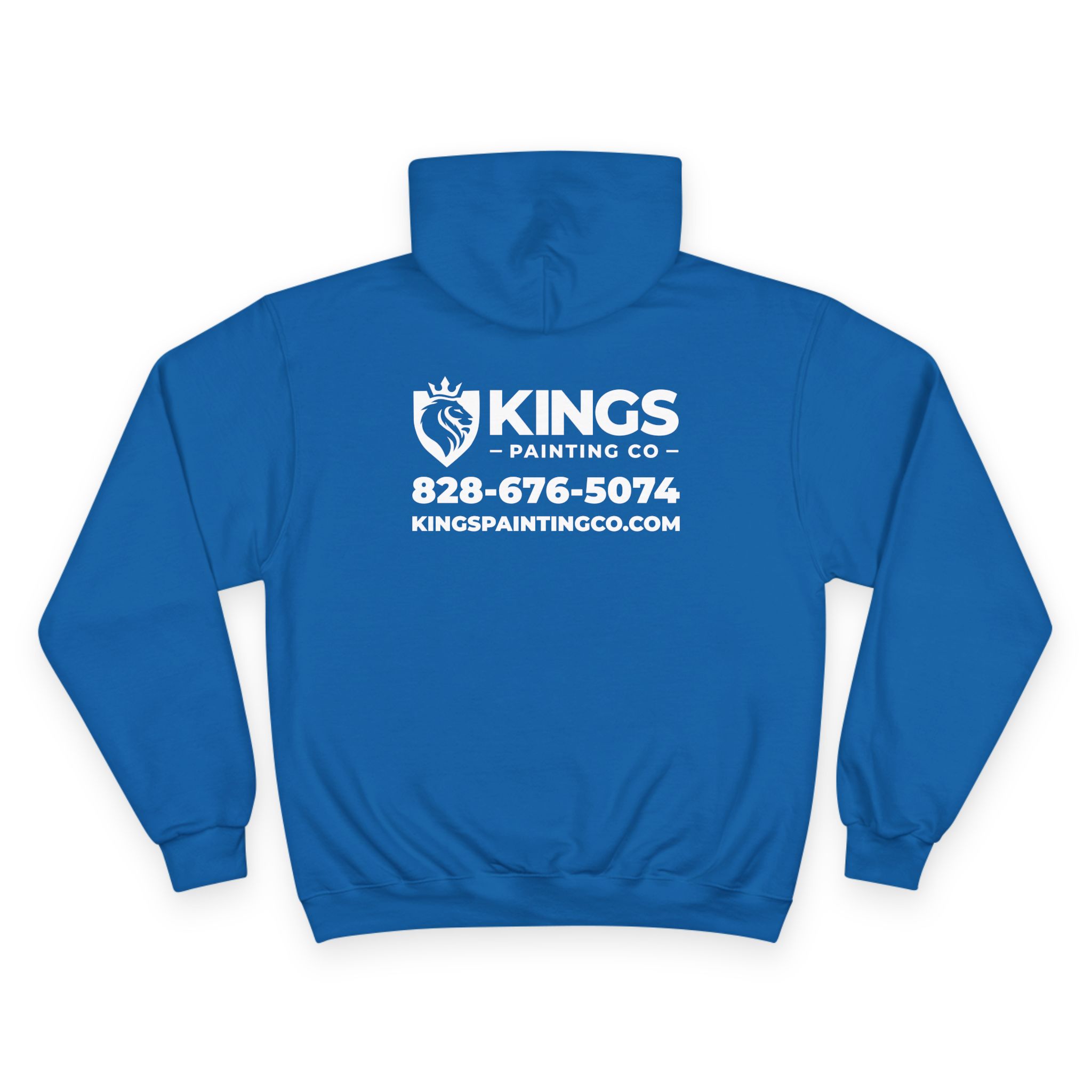 A royal blue Kings Painting Co. Logo Hoodie | Champion® featuring KINGS PAINTING CO, a lion logo, phone number 828-676-5074, and website kingspaintingco.com printed in white on the back.