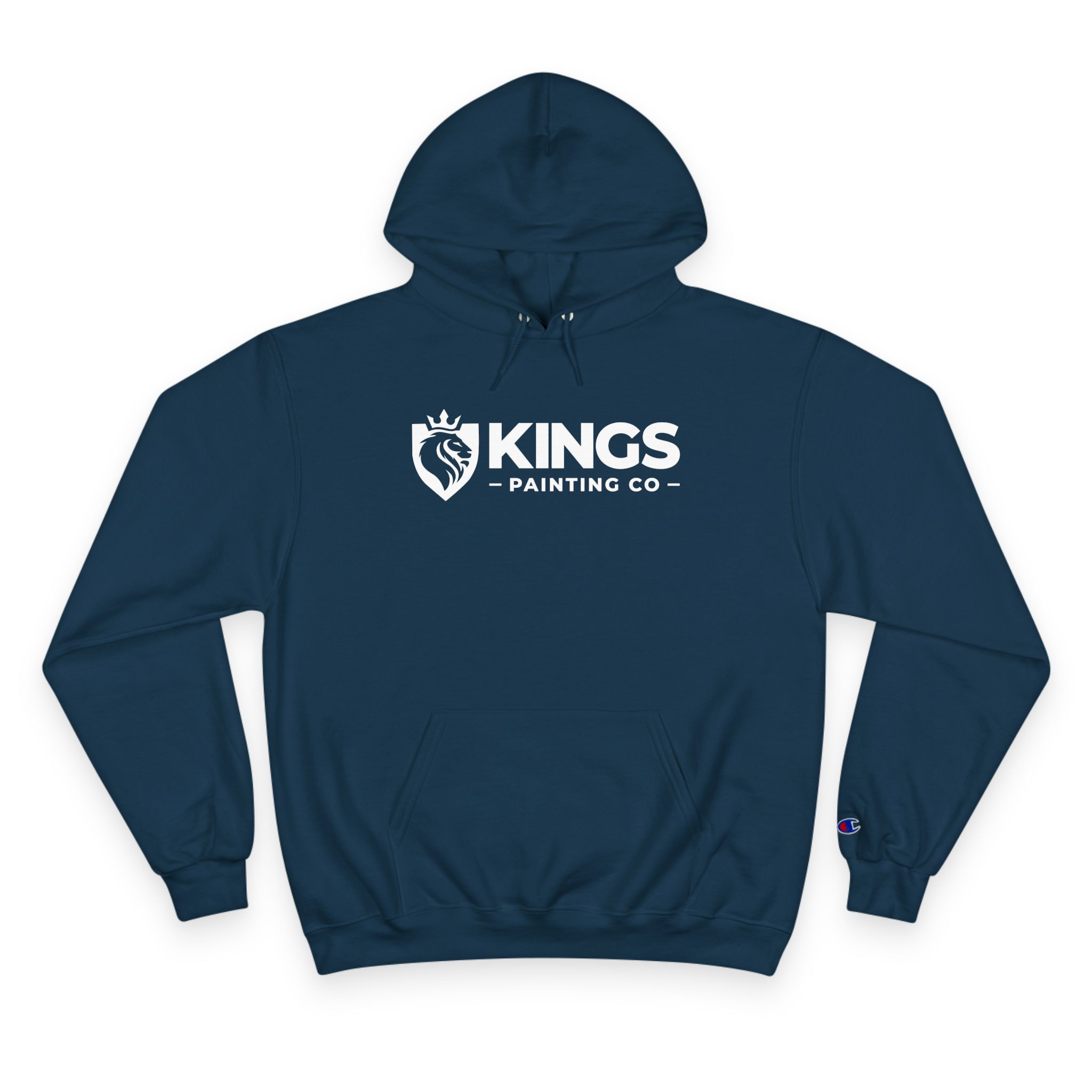 Kings Painting Co. Logo Hoodie | Champion® in navy blue featuring "KINGS PAINTING CO" and a crowned lion logo printed in white on the chest, complete with a front pocket and drawstrings.