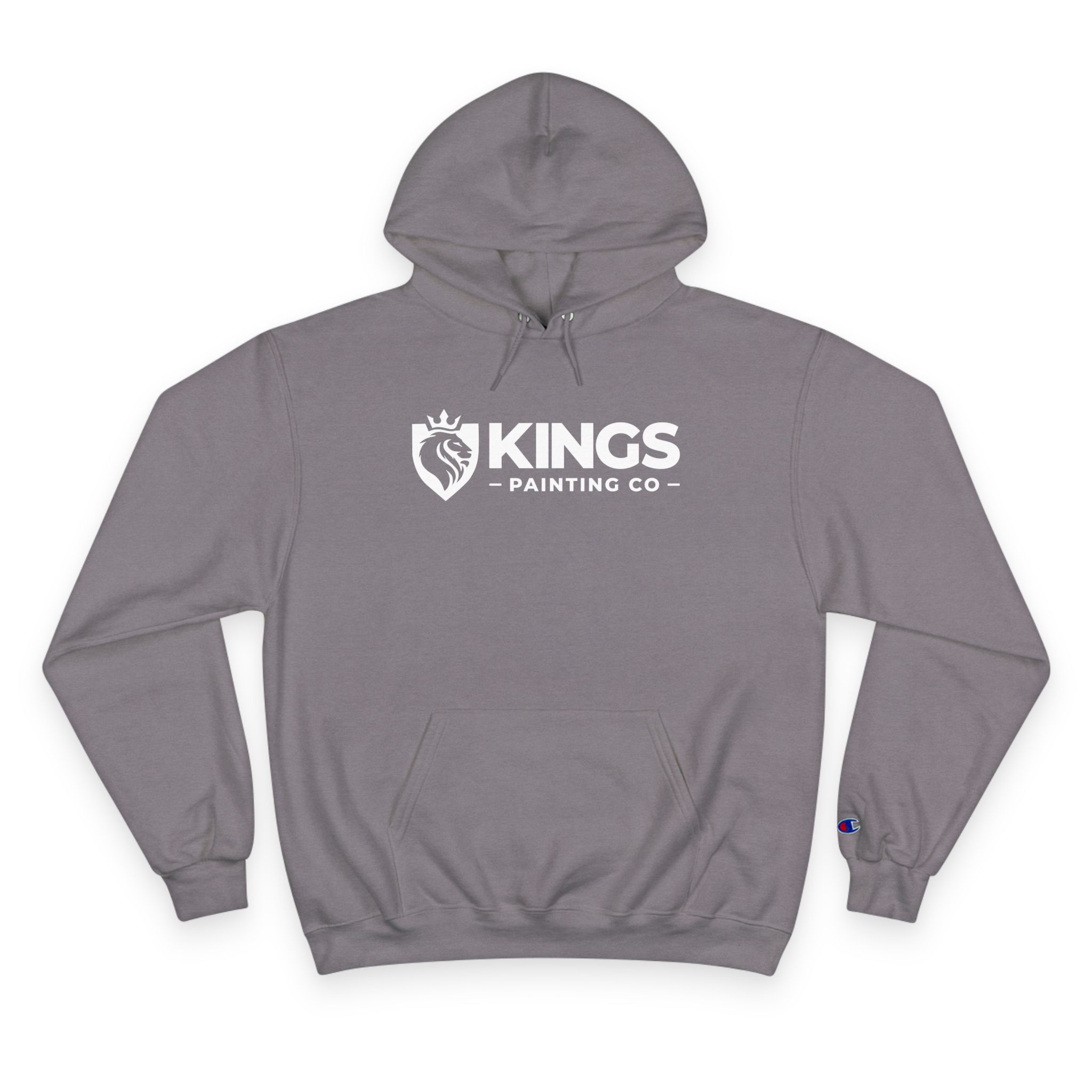 Kings Painting Co. Logo Hoodie | Champion®—a gray hoodie featuring a front pocket, drawstring hood, and a white KINGS PAINTING CO logo with crowned lion head and shield graphic on the chest.