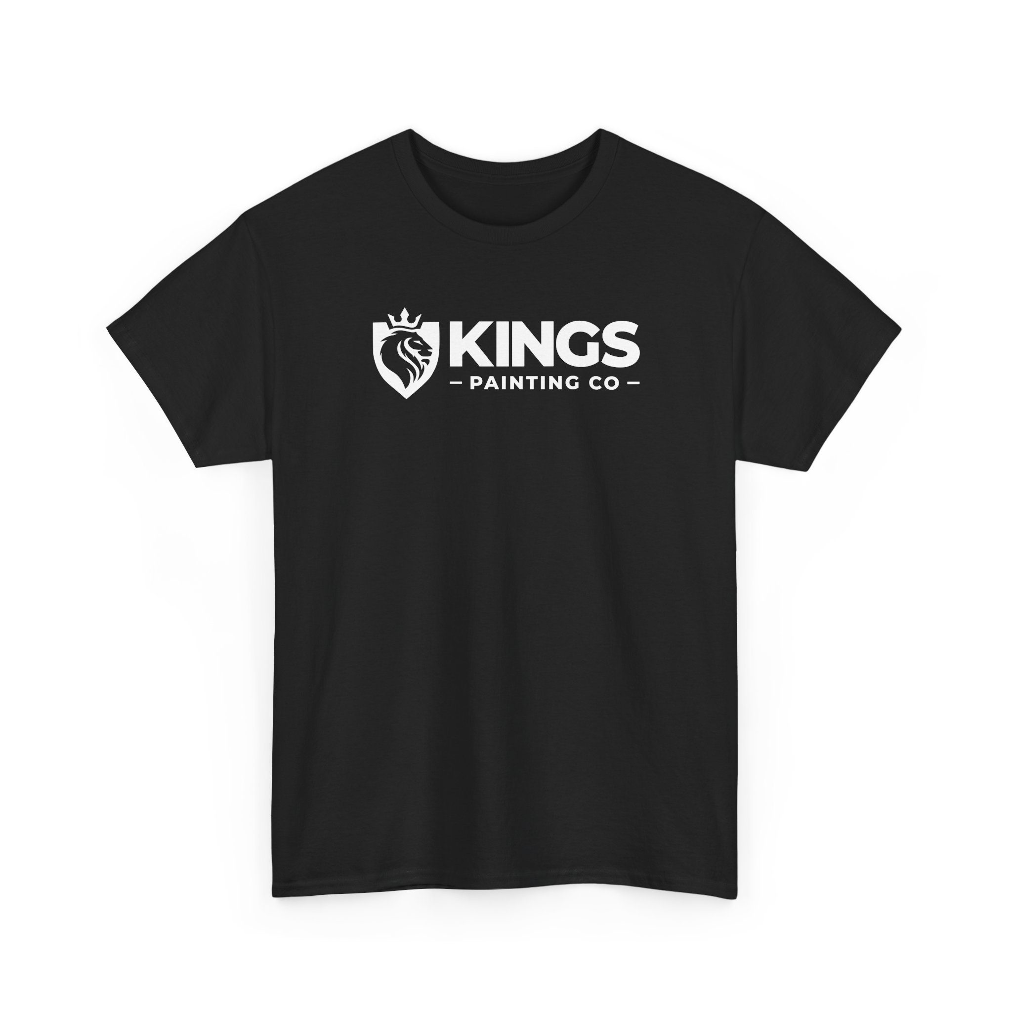 A classic black Gildan Ultra Cotton (G5000) t-shirt featuring the Kings Painting Co. logo with a crowned lion and bold, uppercase "KINGS PAINTING CO" text in white across the chest.