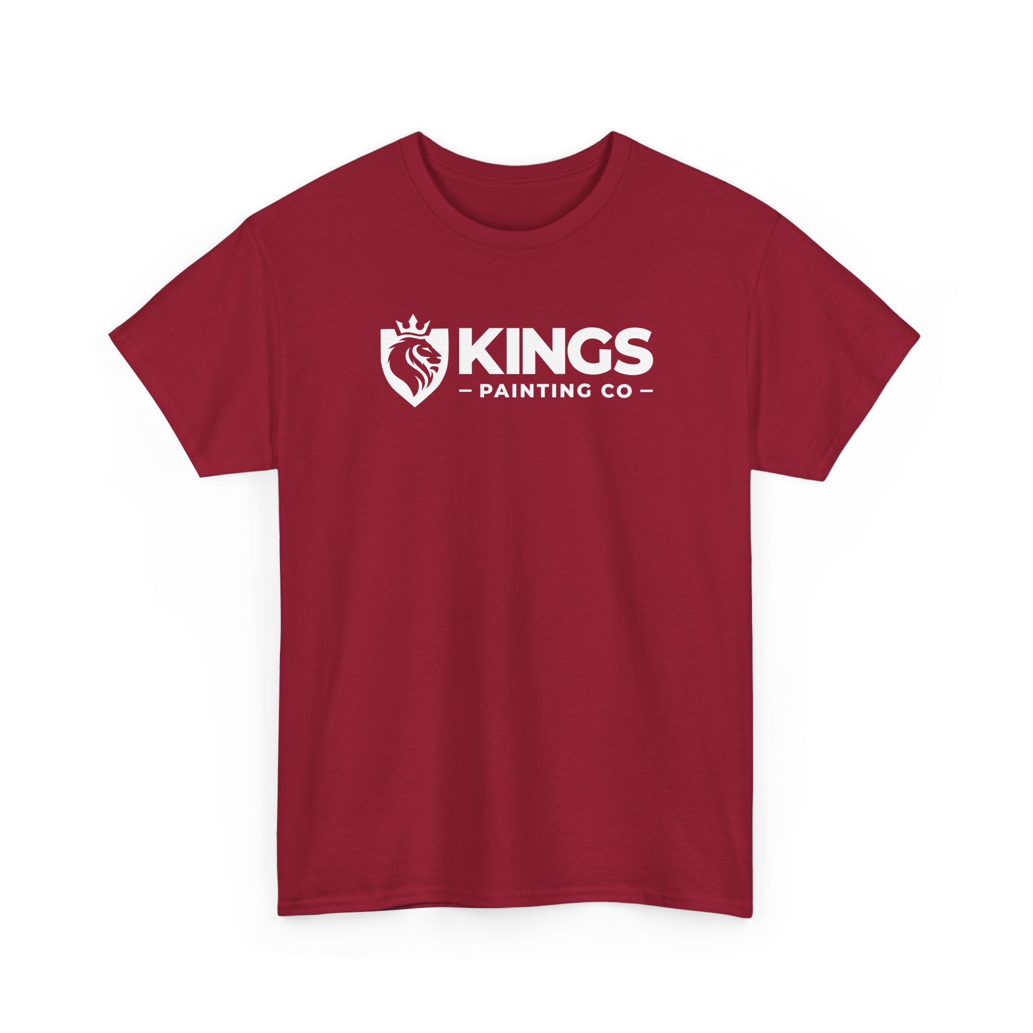Kings Painting Co. Logo T-Shirt (Classic) | Gildan Ultra Cotton (G5000): A red t-shirt featuring the bold white "KINGS PAINTING CO" text and a crowned lion head inside a shield logo above the lettering.