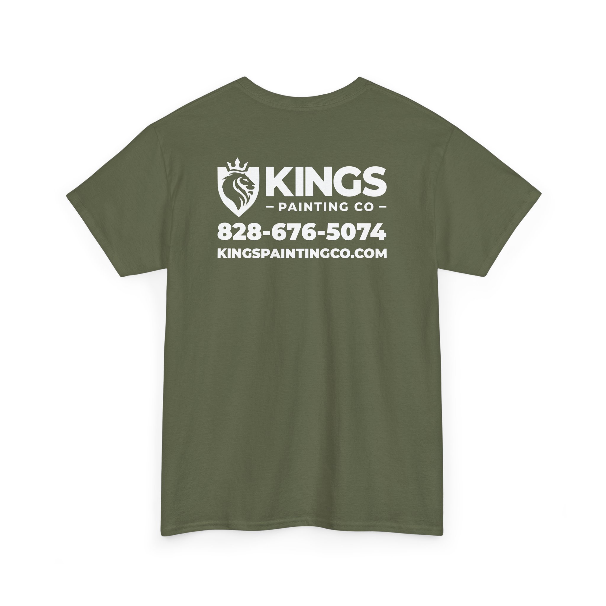 Kings Painting Co. Logo T‑Shirt (Classic) | Gildan Ultra Cotton (G5000): Olive green t-shirt featuring the KINGS PAINTING CO logo, a lion crest, phone number 828-676-5074, and website kingxspaintingco.com printed in white on the back.