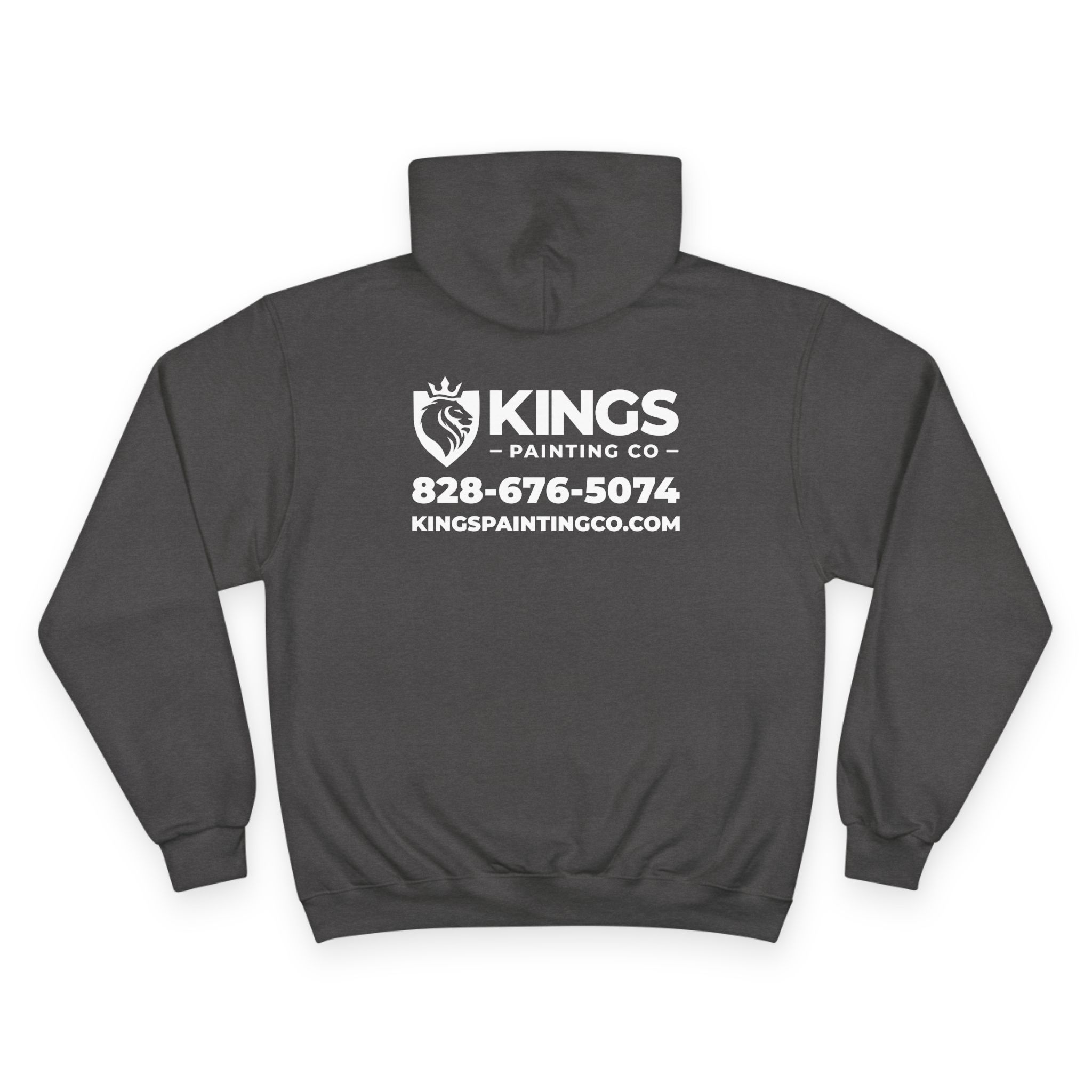 Back of the Kings Painting Co. Logo Hoodie | Champion® features "KINGS Painting Co" with a lion logo, the phone number 828-676-5074, and kingspaintingco.com printed in white.