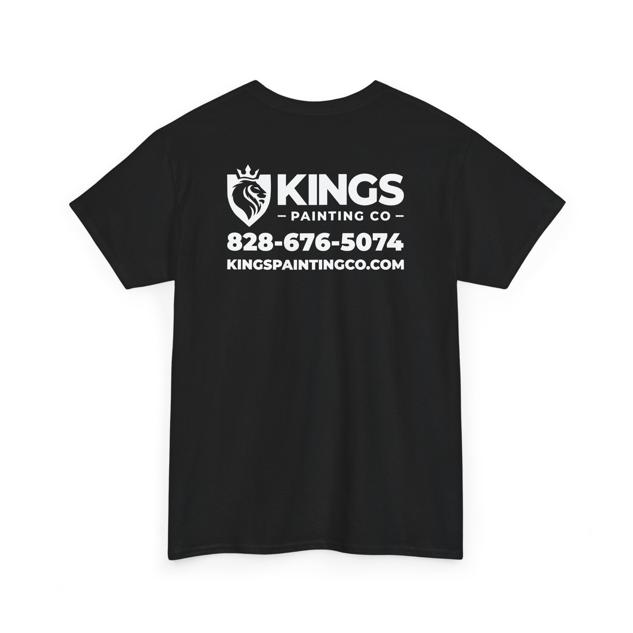Kings Painting Co. Logo T‑Shirt (Classic) | Gildan Ultra Cotton (G5000): Black t-shirt featuring the KINGS PAINTING CO logo with a stylized lion head, plus the phone number 828-676-5074 and website kingspaintingco.com printed in bold white text on the back.