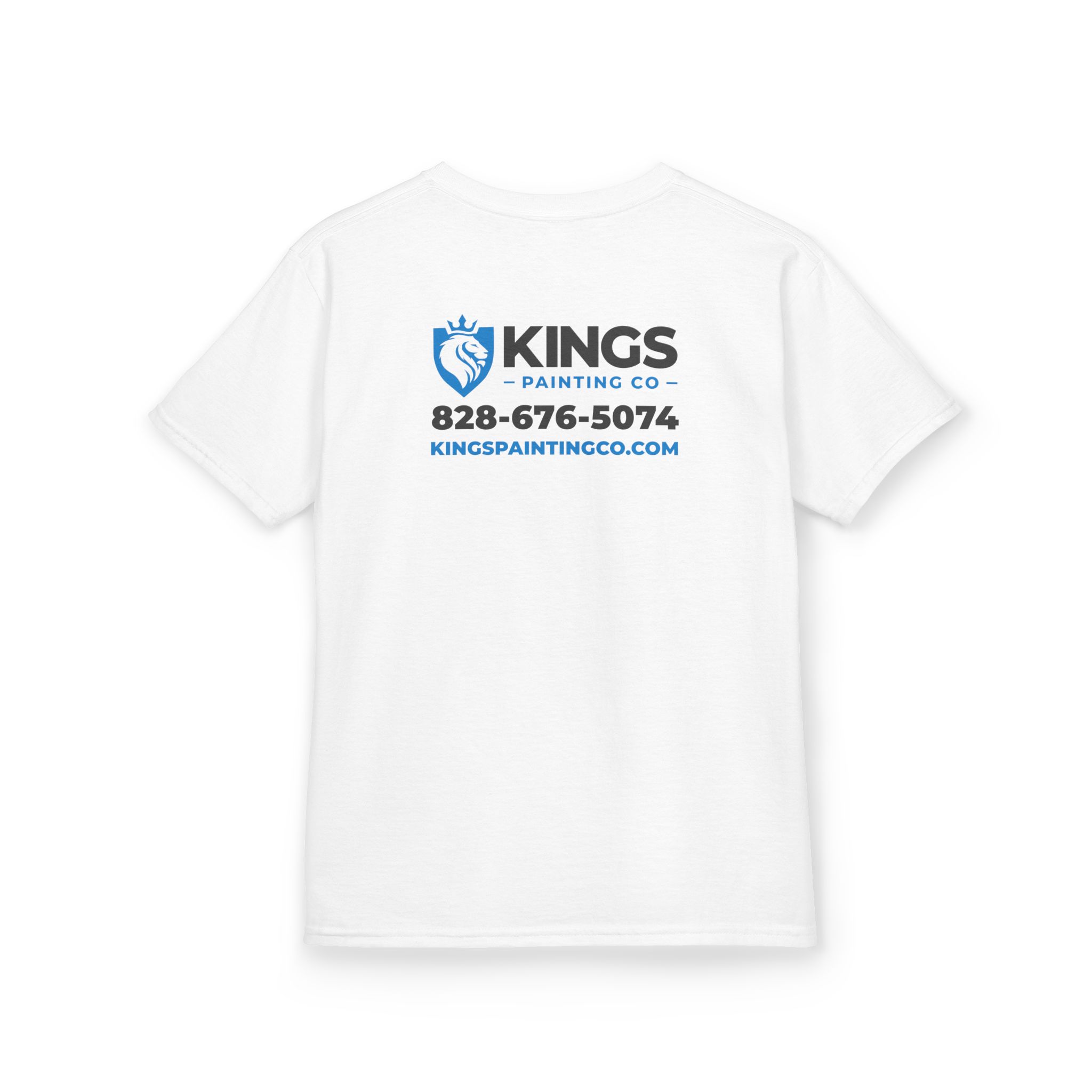Kings Painting Co. Kids T-Shirt (Ultra Cotton Gildan) featuring a white design with the Kings Painting Co. logo—a blue crowned lion head—on the front, and contact information (828-676-5074 and KINGSPAINTINGCO.COM) printed on the back in blue and black text.