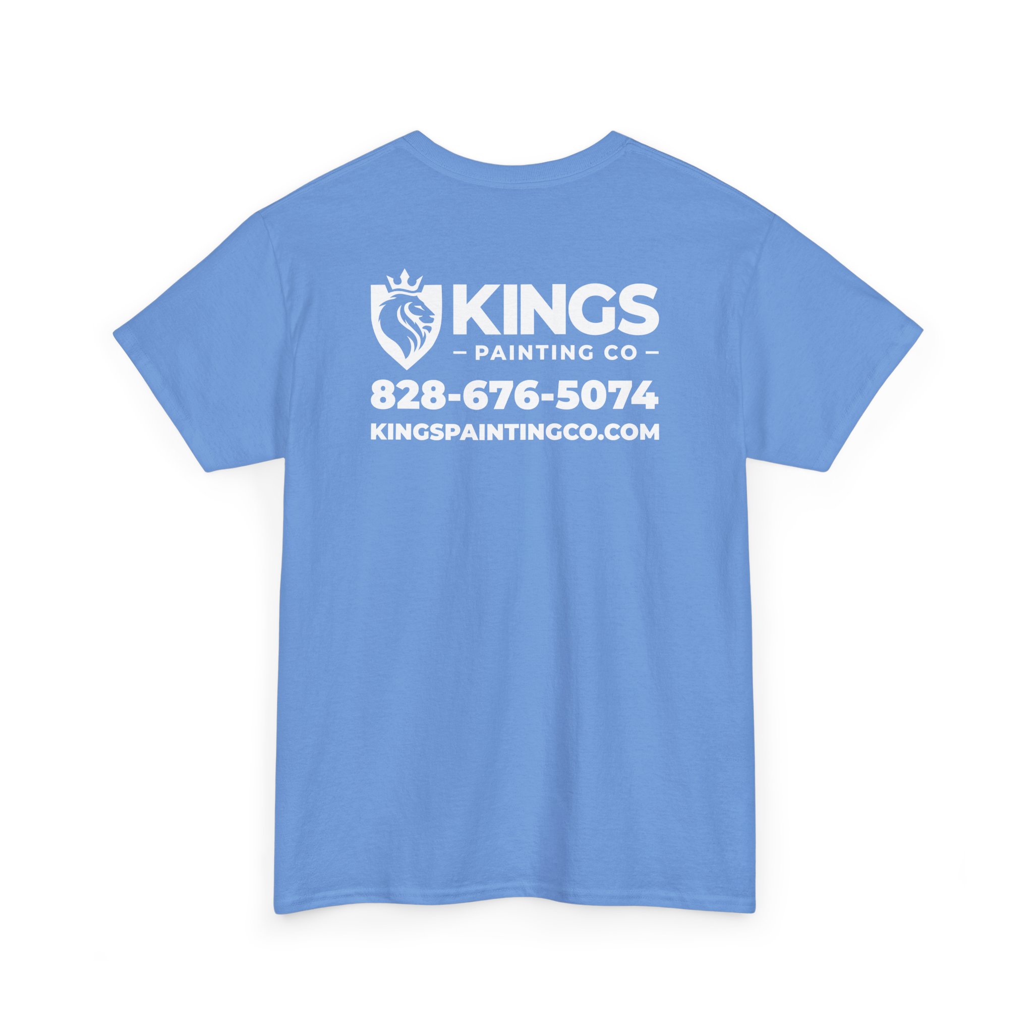 Kings Painting Co. Logo T‑Shirt (Classic) | Gildan Ultra Cotton (G5000) in light blue, featuring white KINGS PAINTING CO text, a lion logo, the phone number 828-676-5074, and website KINGSPAINTINGCO.COM printed on the back.