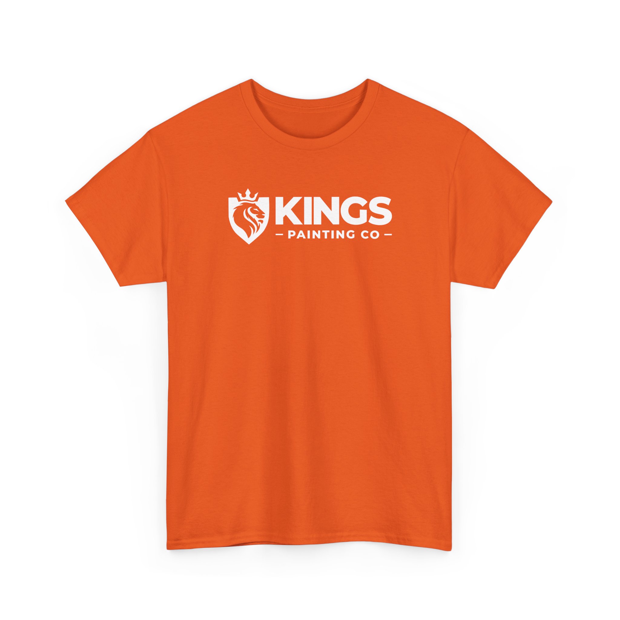Kings Painting Co. Logo T-Shirt (Classic) in orange with a white crowned lion logo and "KINGS PAINTING CO" text across the chest, printed on a Gildan Ultra Cotton (G5000) tee.