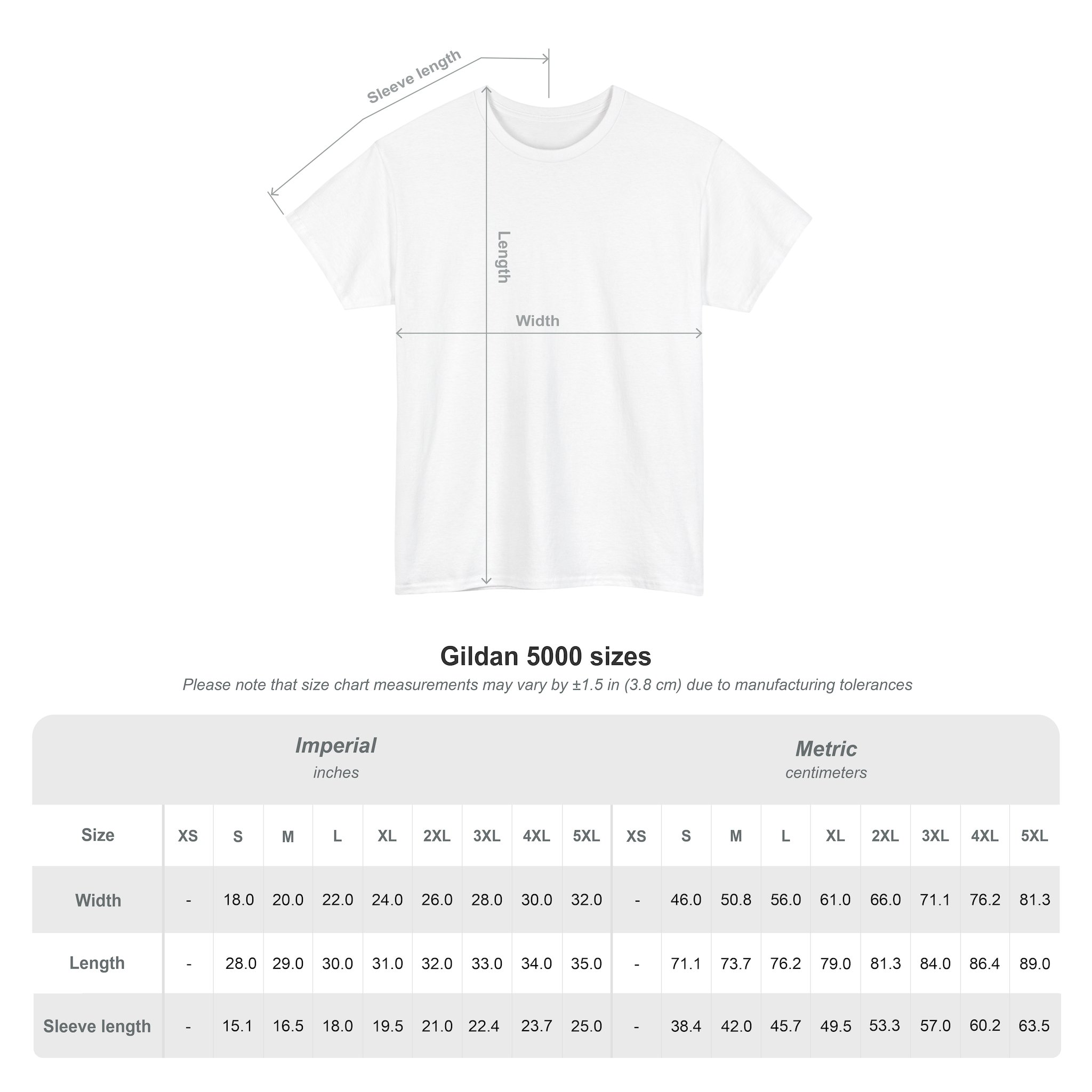 Kings Painting Co. Logo T‑Shirt (Classic) | Gildan Ultra Cotton (G5000) shown in white with labeled length, width, and sleeve length. Below is a Gildan Ultra Cotton G5000 size chart in inches and centimeters, listing width, length, and sleeve length for sizes XS to 5XL.