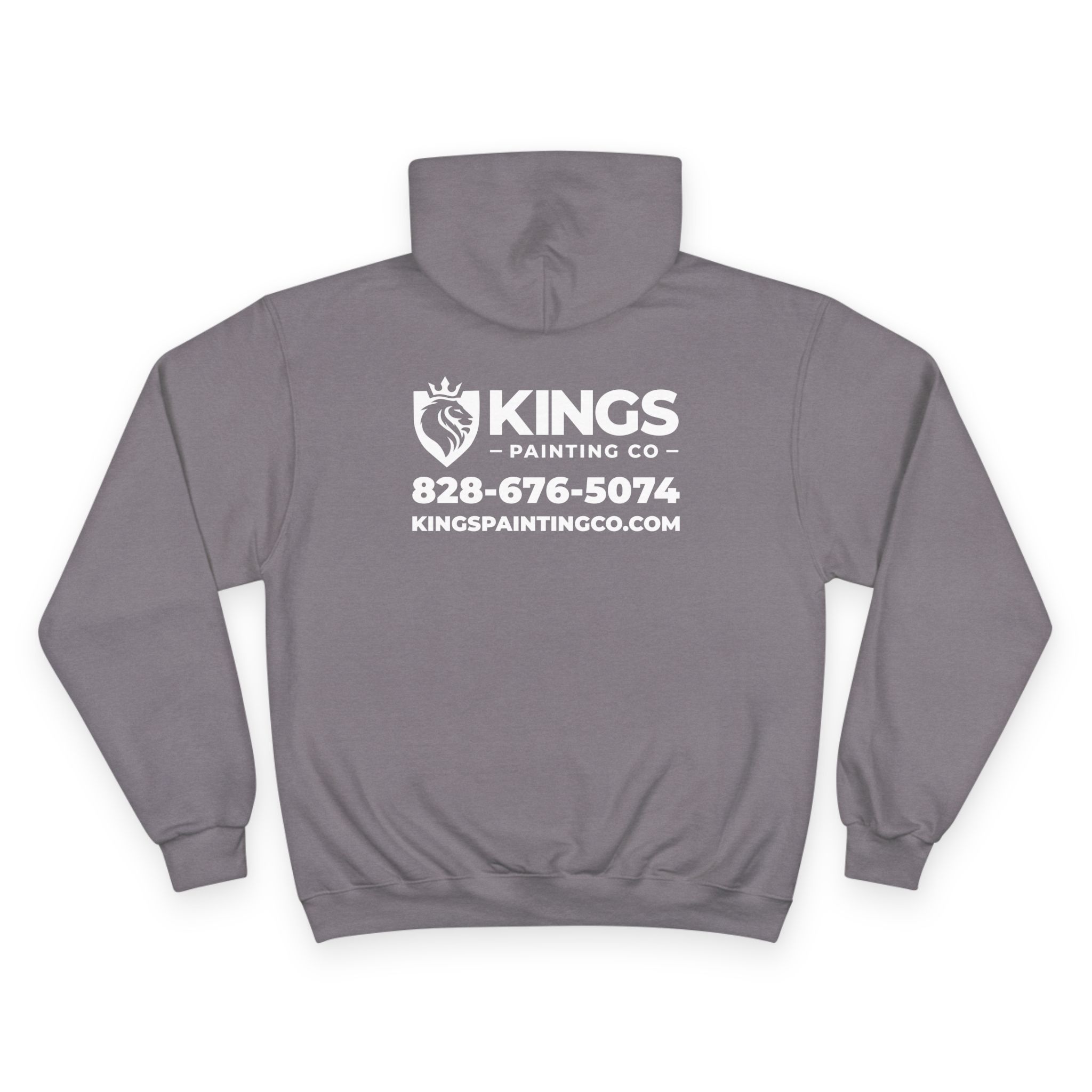 Kings Painting Co. Logo Hoodie | Champion® in gray featuring the KINGS PAINTING CO logo, a lion graphic, phone number (828-676-5074), and the website kingspaintingco.com printed in white on the back.