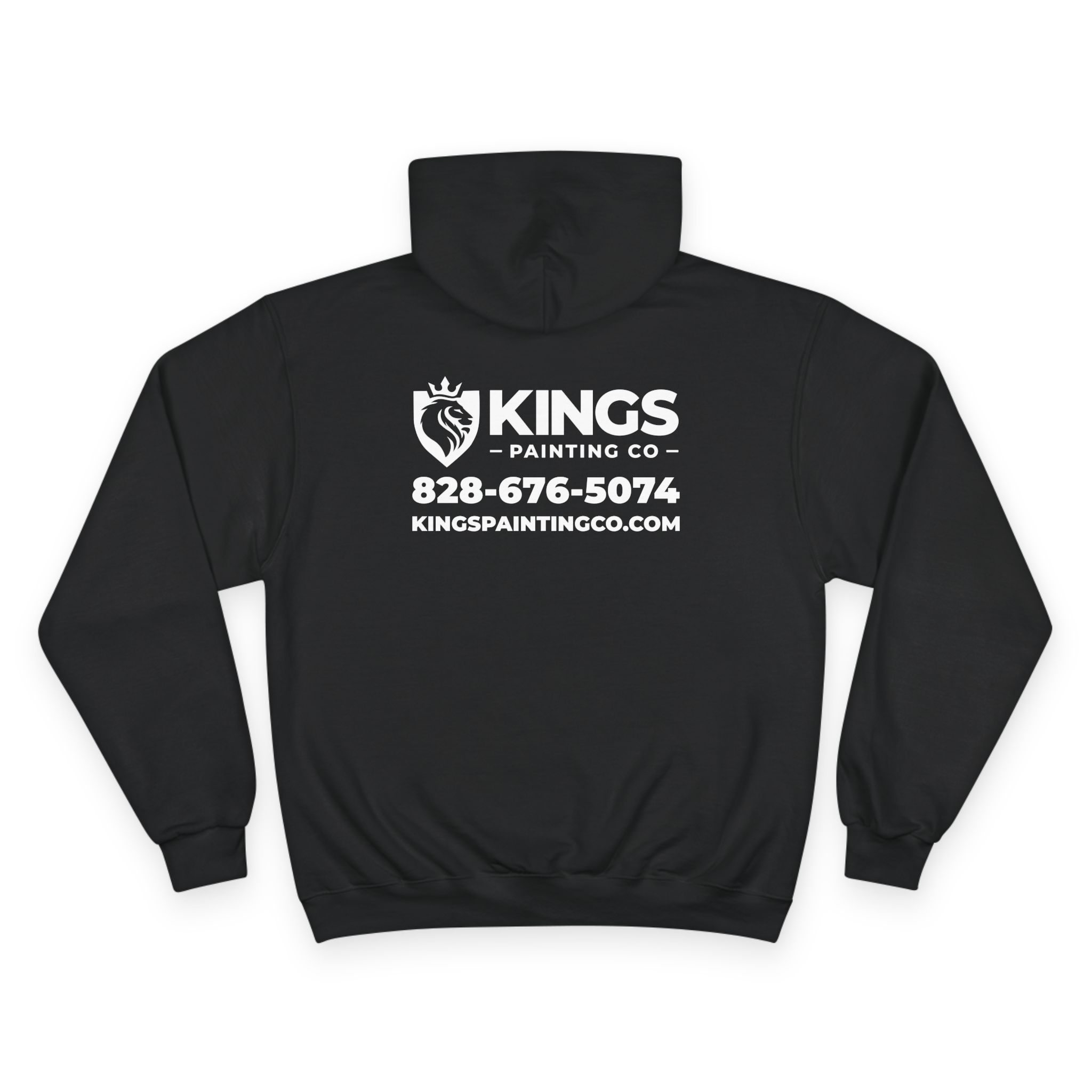 Kings Painting Co. Logo Hoodie | Champion® — Black hoodie featuring the KINGS PAINTING CO logo, a lion graphic, phone number 828-676-5074, and kingspaintingco.com printed in white on the back.