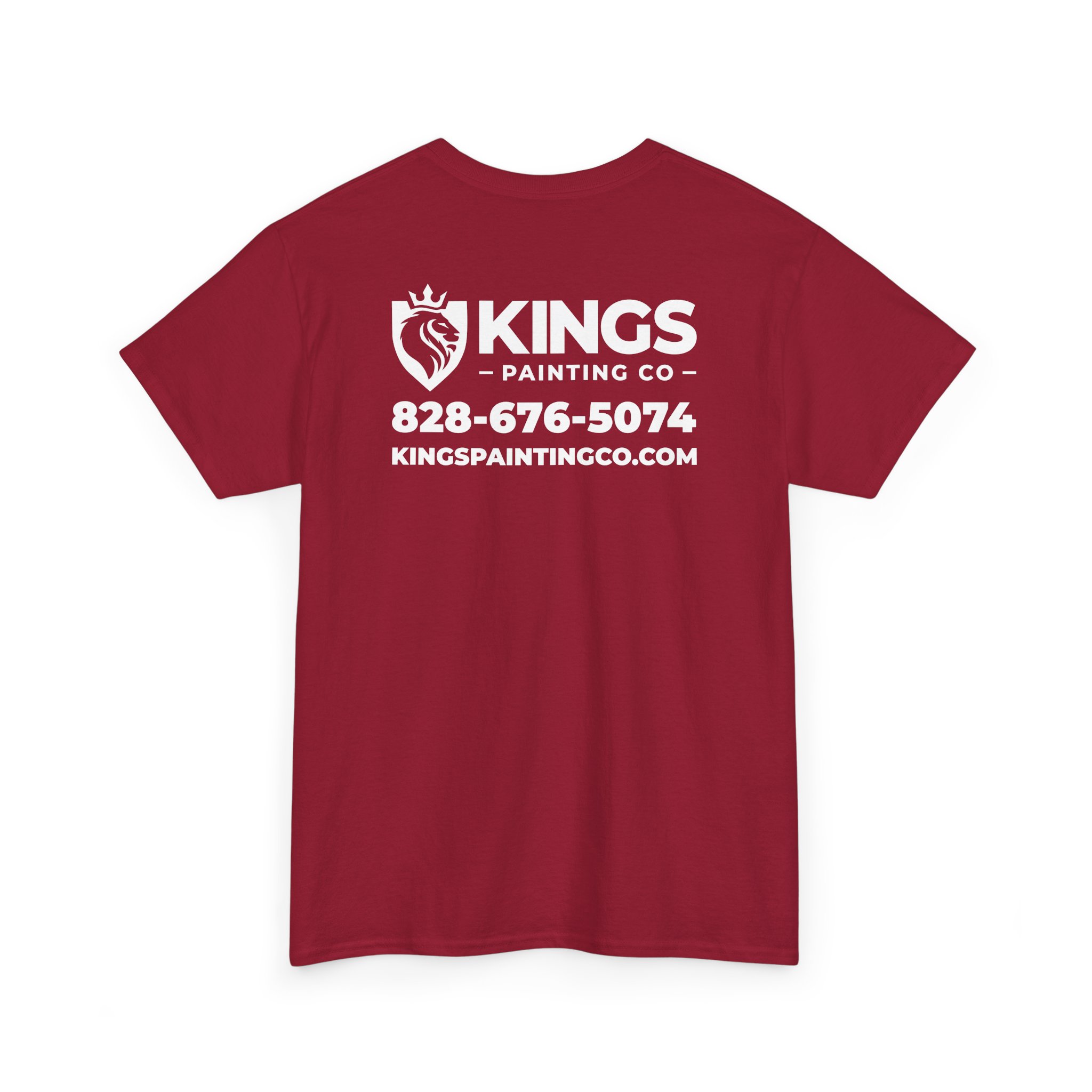Kings Painting Co. Logo T‑Shirt (Classic) | Gildan Ultra Cotton (G5000): Red t-shirt featuring the KINGS PAINTING CO name, lion logo, phone number 828-676-5074, and website kingspaintingco.com printed in white text on the back.
