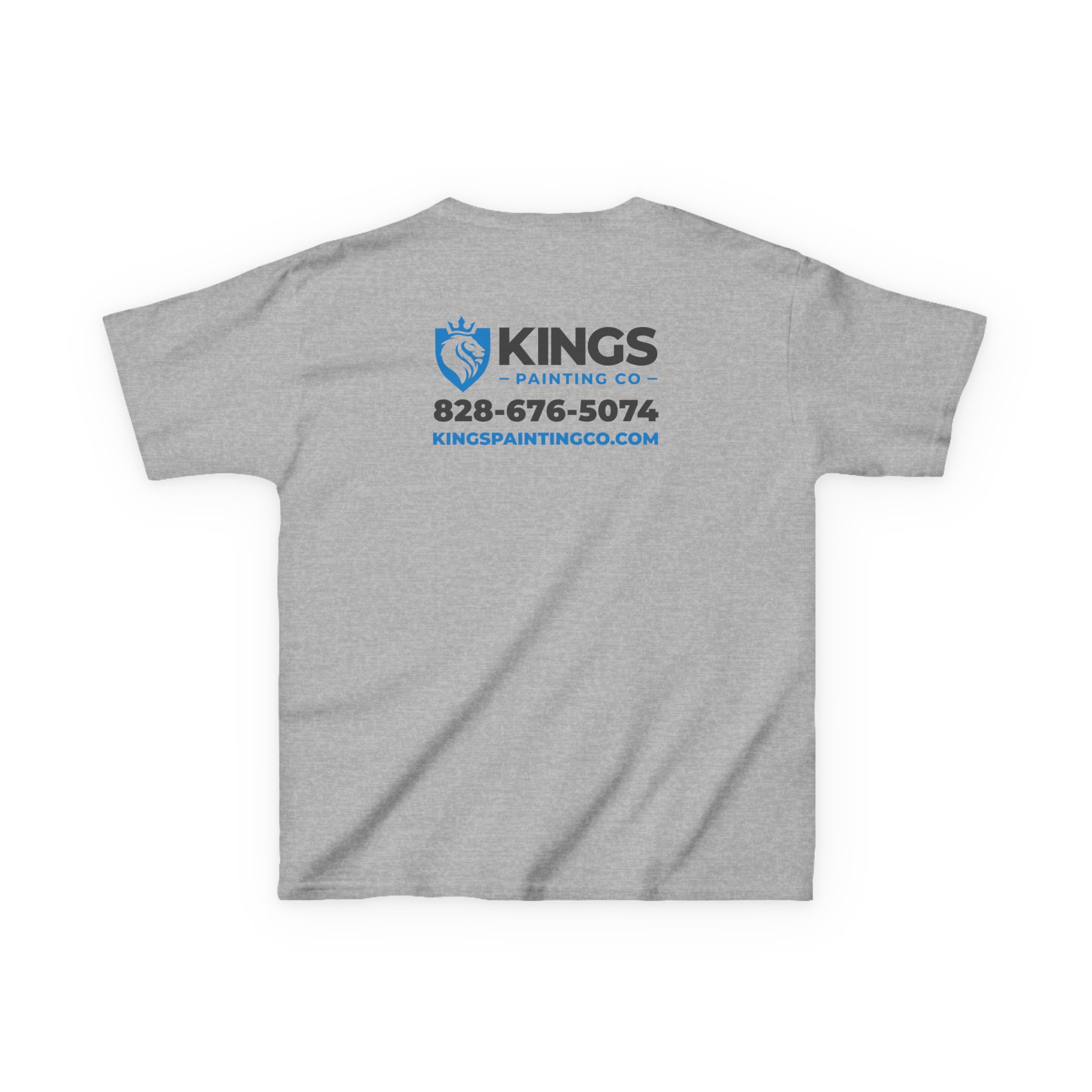 Kings Painting Co. Kids T-Shirt (Ultra Cotton Gildan) in gray, featuring "KINGS Painting Co," the phone number 828-676-5074, and website kingpaintingco.com printed in blue and black on the back.