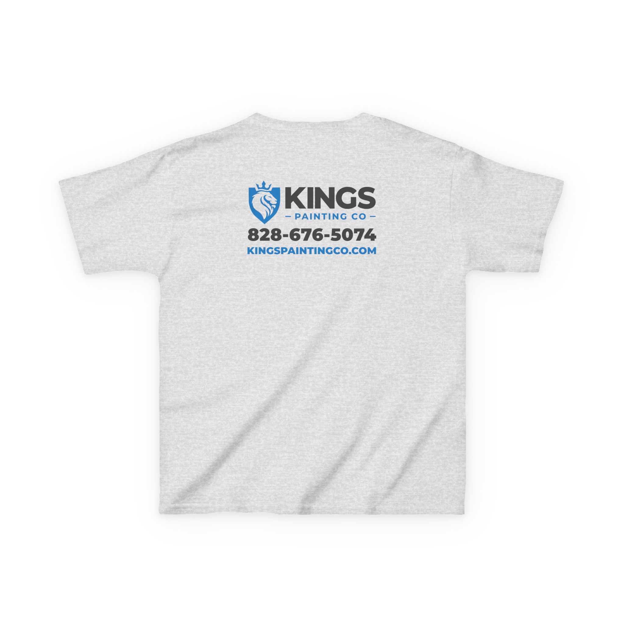 The back of the Kings Painting Co. Kids T-Shirt (Ultra Cotton Gildan) features “Kings Painting Co,” a blue paintbrush logo, the phone number 828-676-5074, and the website KINGSPAINTINGCO.COM printed in blue and dark gray on the upper back of a gray t-shirt.