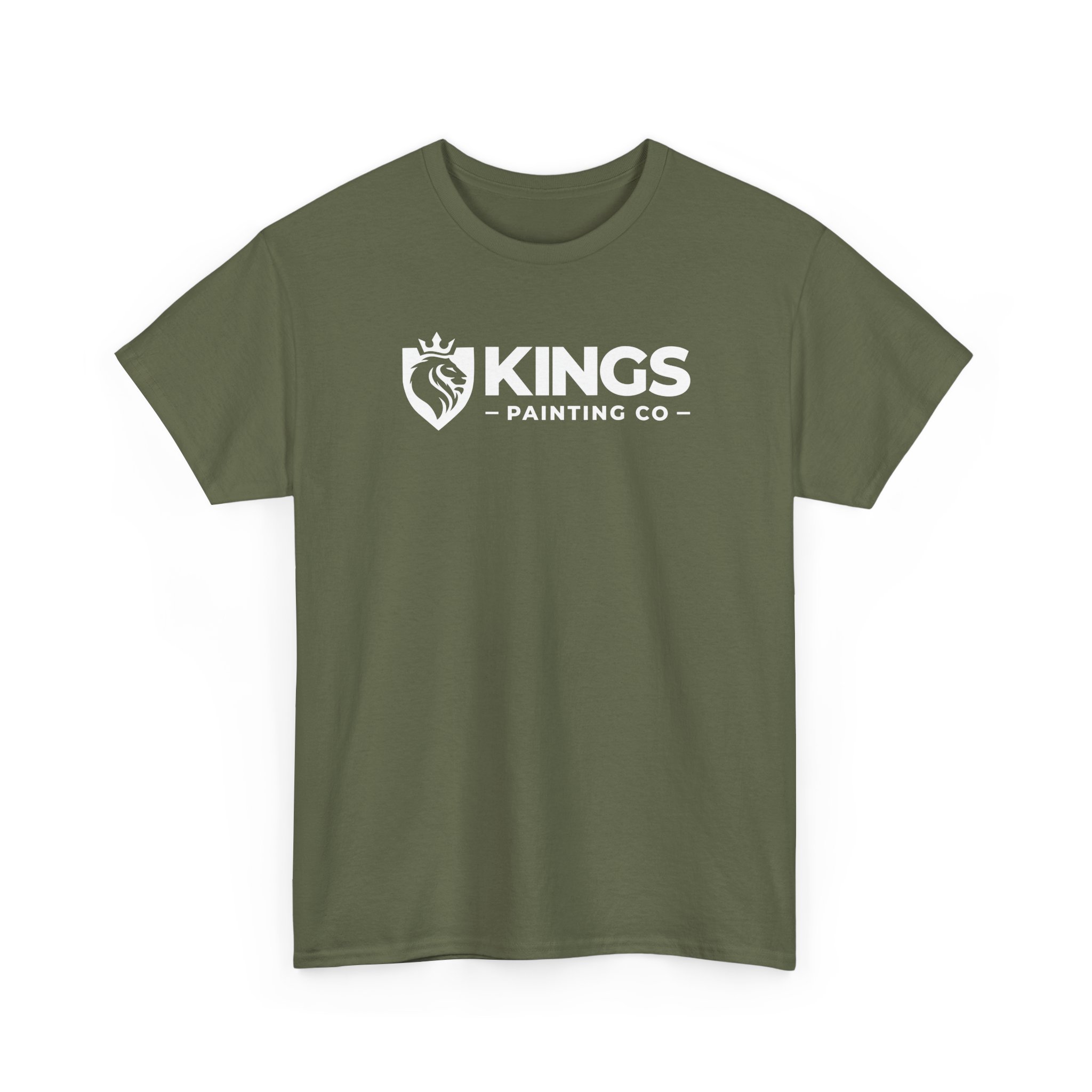 The Kings Painting Co. Logo T‑Shirt (Classic) | Gildan Ultra Cotton (G5000) is an olive green shirt with a white lion-in-shield logo and the text "KINGS PAINTING CO" printed on the front.