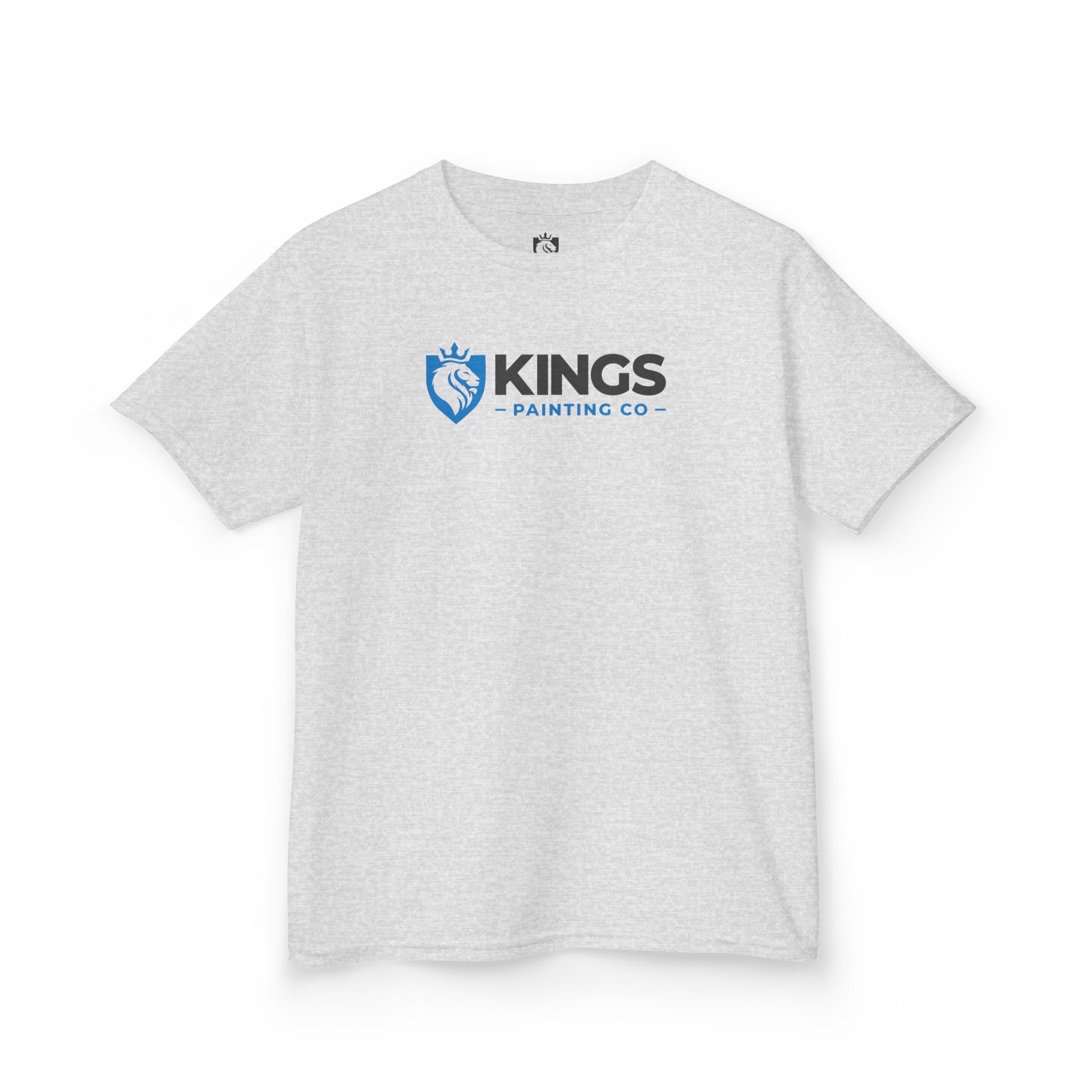 A kids' ultra cotton Gildan T-shirt in light gray, featuring the Kings Painting Co. logo in blue and black with a shield and lion head icon centered on the front.