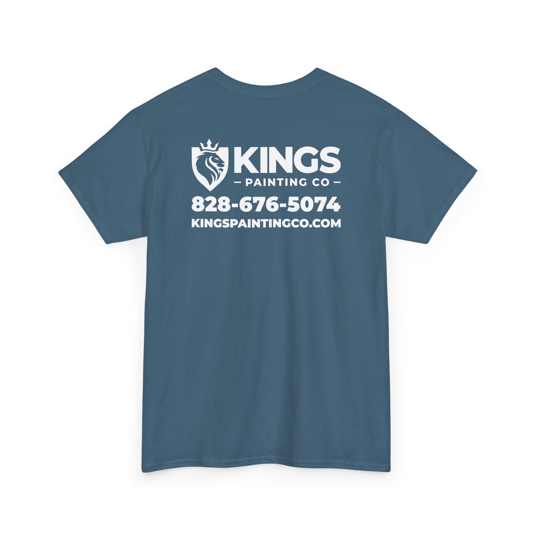 The Kings Painting Co. Logo T‑Shirt (Classic) | Gildan Ultra Cotton (G5000) features a blue color with white text on the upper back, including “KINGS Painting Co,” a lion logo, and contact information: 828-676-5074 and KINGS PAINTINGCO.COM. The design is centered on the upper back of the shirt.