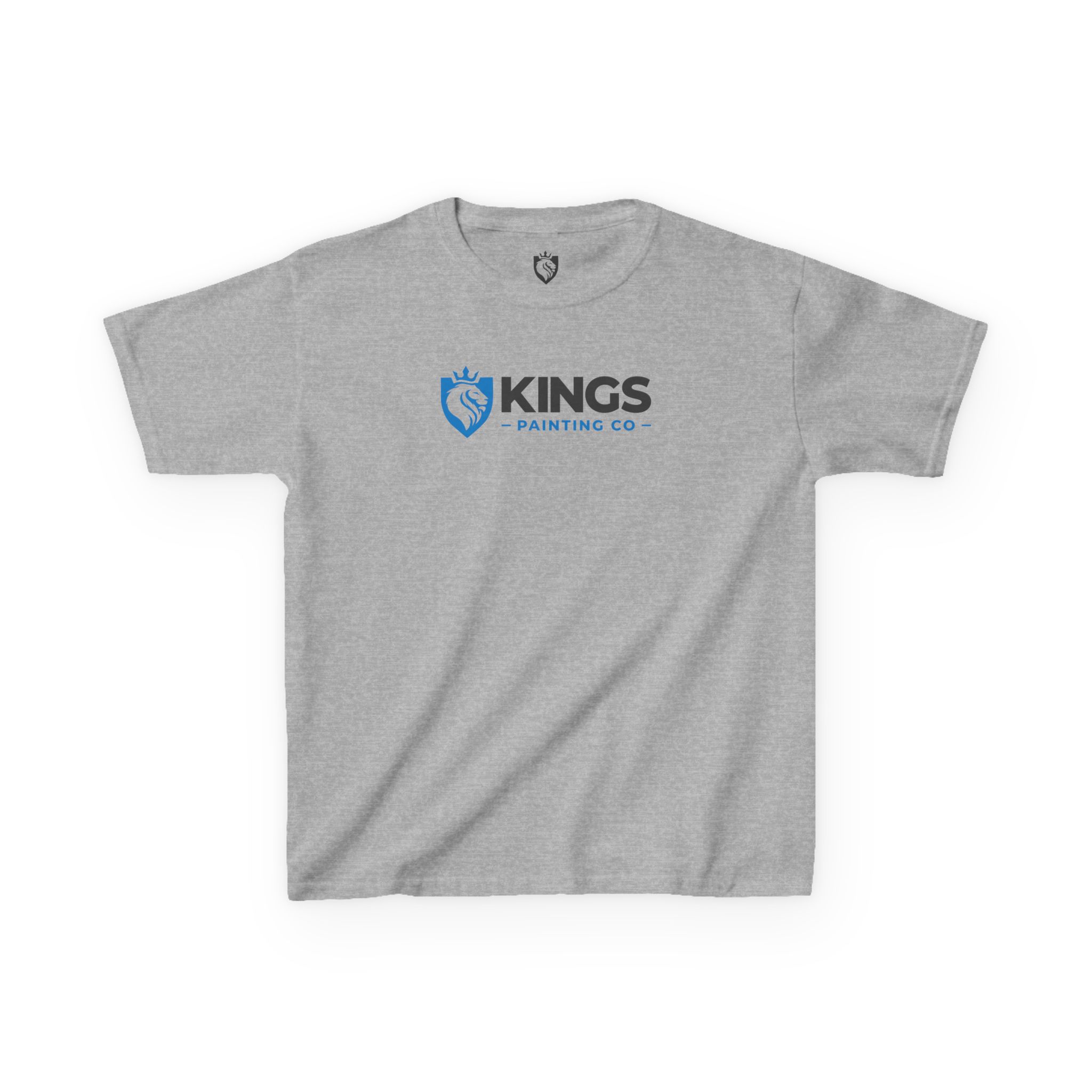Kings Painting Co. Kids T-Shirt (Ultra Cotton Gildan) in gray, featuring "KINGS PAINTING CO" text and a blue crowned paintbrush logo on the chest, with a small matching logo printed near the collar.