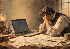 A man sits at a cluttered desk with his head in his hands, looking stressed. Papers, a laptop, books, and a lamp are on the desk. Sunlight filters through a window, casting a warm glow over the vintage-style scene.
